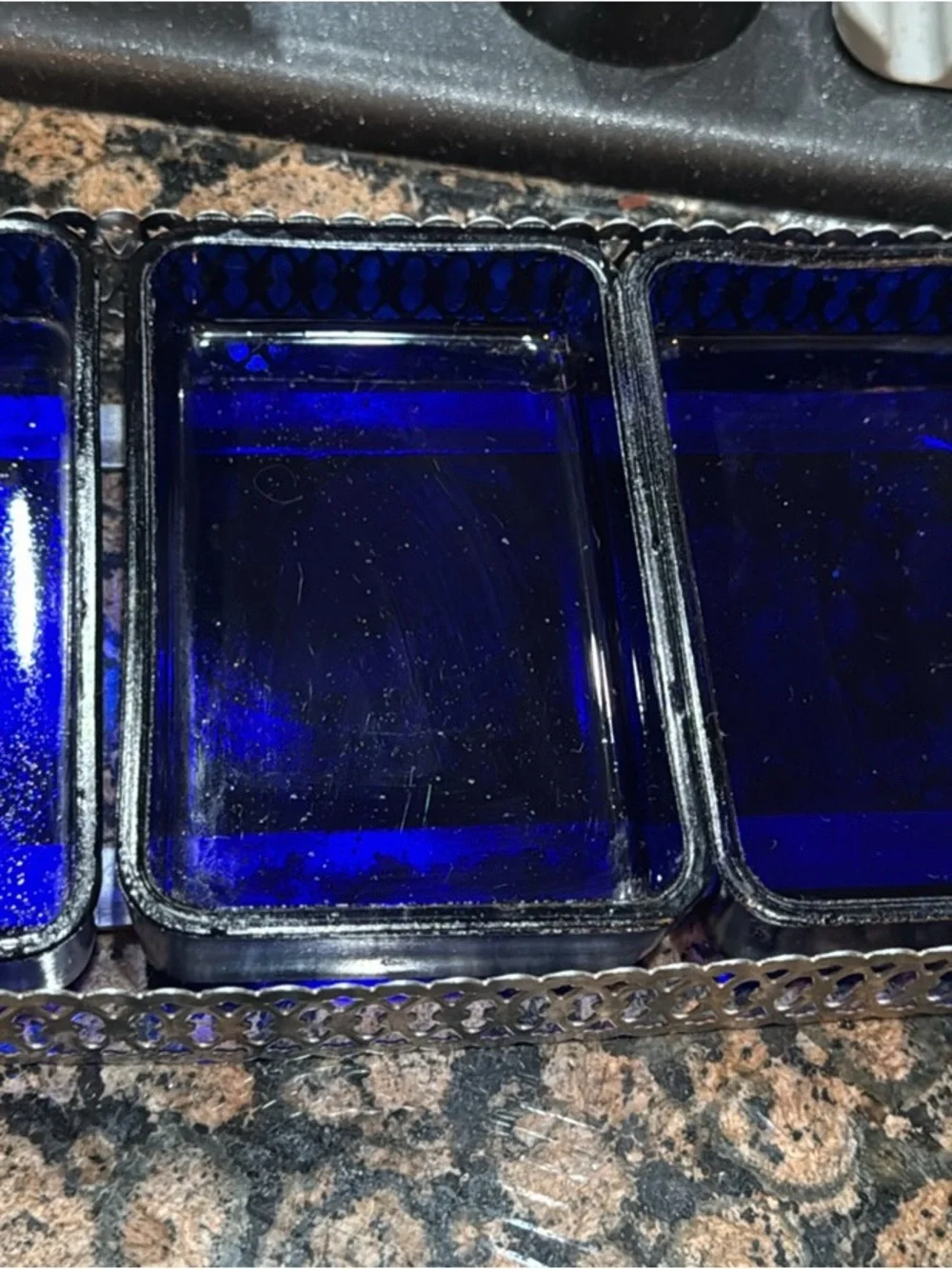 Vintage Mid-Century silver-plated relish tray with 3 Cobalt inserts